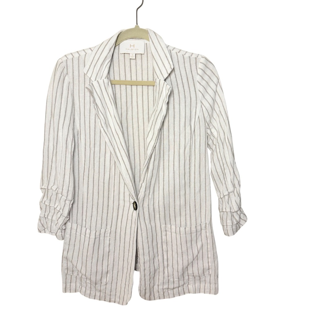 H HALSTON Linen Blend White Striped Buttoned Jacket Blazer Lightweight SZ S